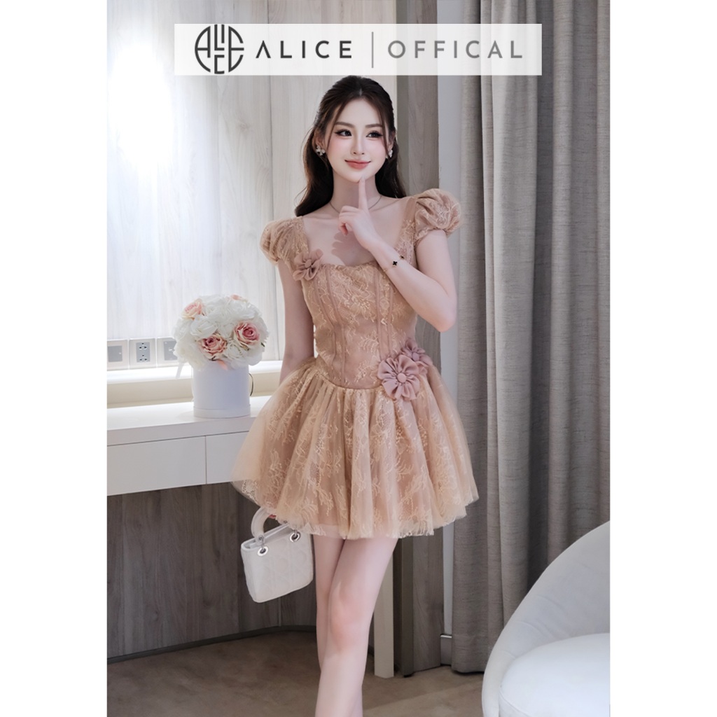 Váy Dự Tiệc Tiểu Thư Cao Cấp Alice Chất Ren Phối Lưới, Dáng Tay Bồng Công Chúa Đính Hoa Thủ Công V1467