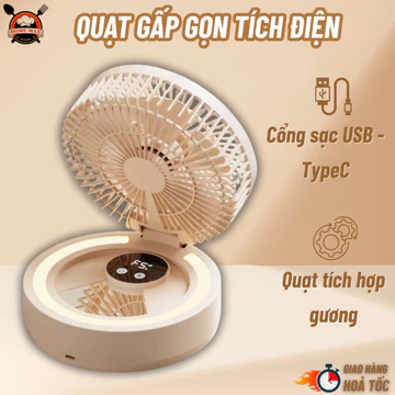 Quạt Gấp Gọn Tích Điện, Quạt Để Bàn, Treo Tường Không dây, Đèn Ngủ, Có 5 Mức Điều Chỉnh Gió, Dung Lượng Pin Lớn