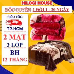 Chăn mền tuyết nhung 3kg HiLOGI 3 lớp loại dày, chăn mền bông mùa đông cotton mềm mịn 1m9x2m cao cấp