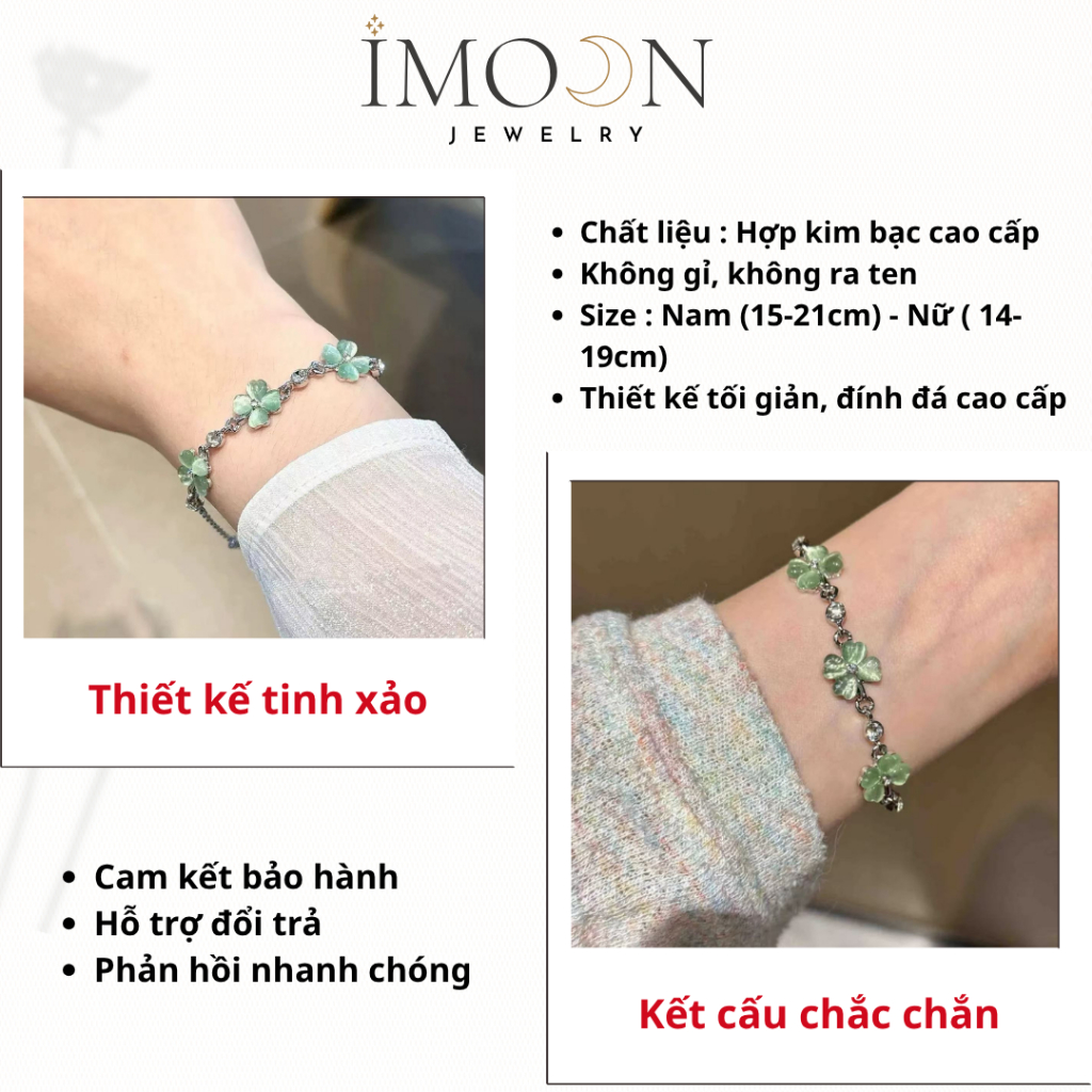 Lắc tay nữ cỏ 4 lá phong thuỷ may mắn, vòng tay nữ charm đá xanh hợp kim cao cấp Imoon Jewelry