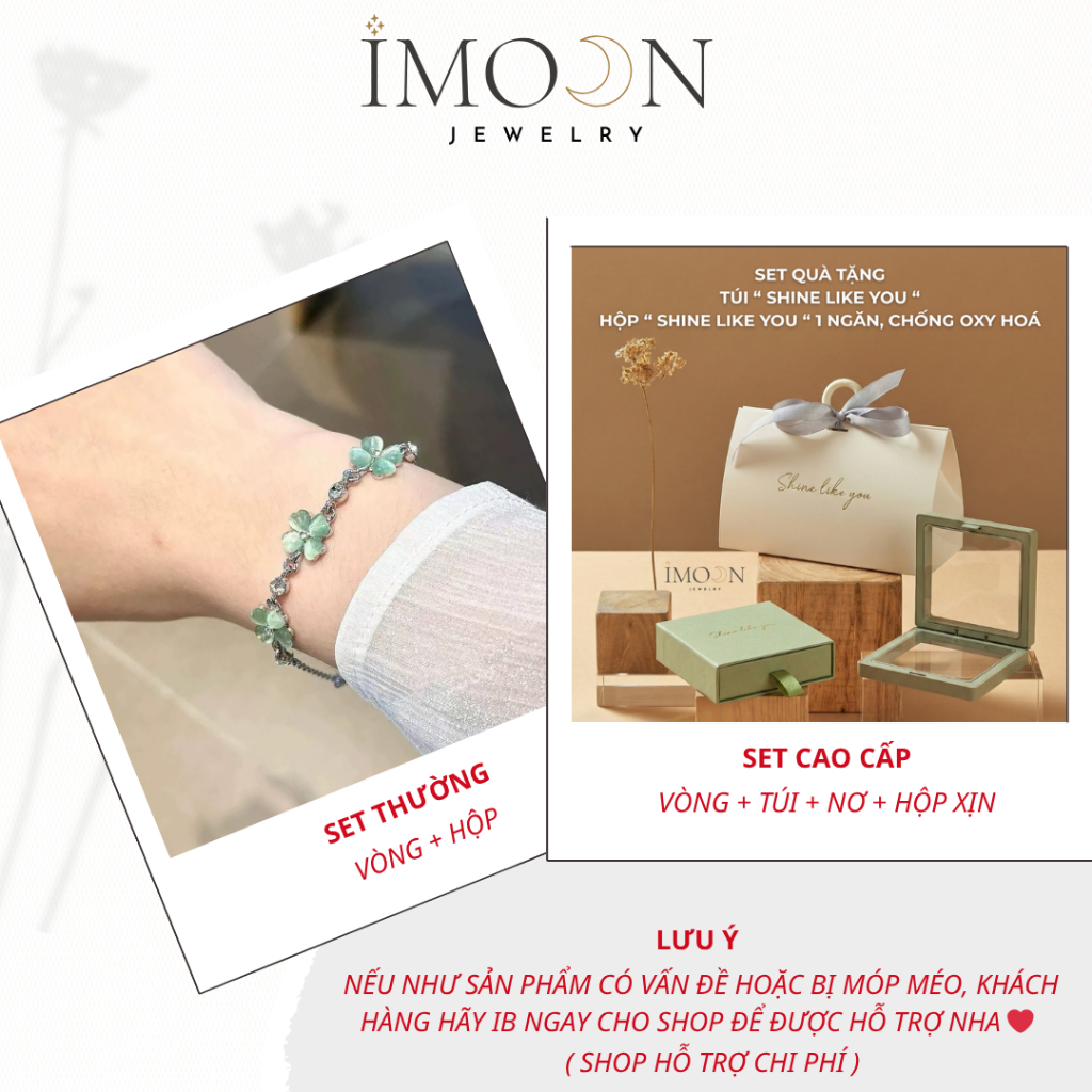 Lắc tay nữ cỏ 4 lá phong thuỷ may mắn, vòng tay nữ charm đá xanh hợp kim cao cấp Imoon Jewelry