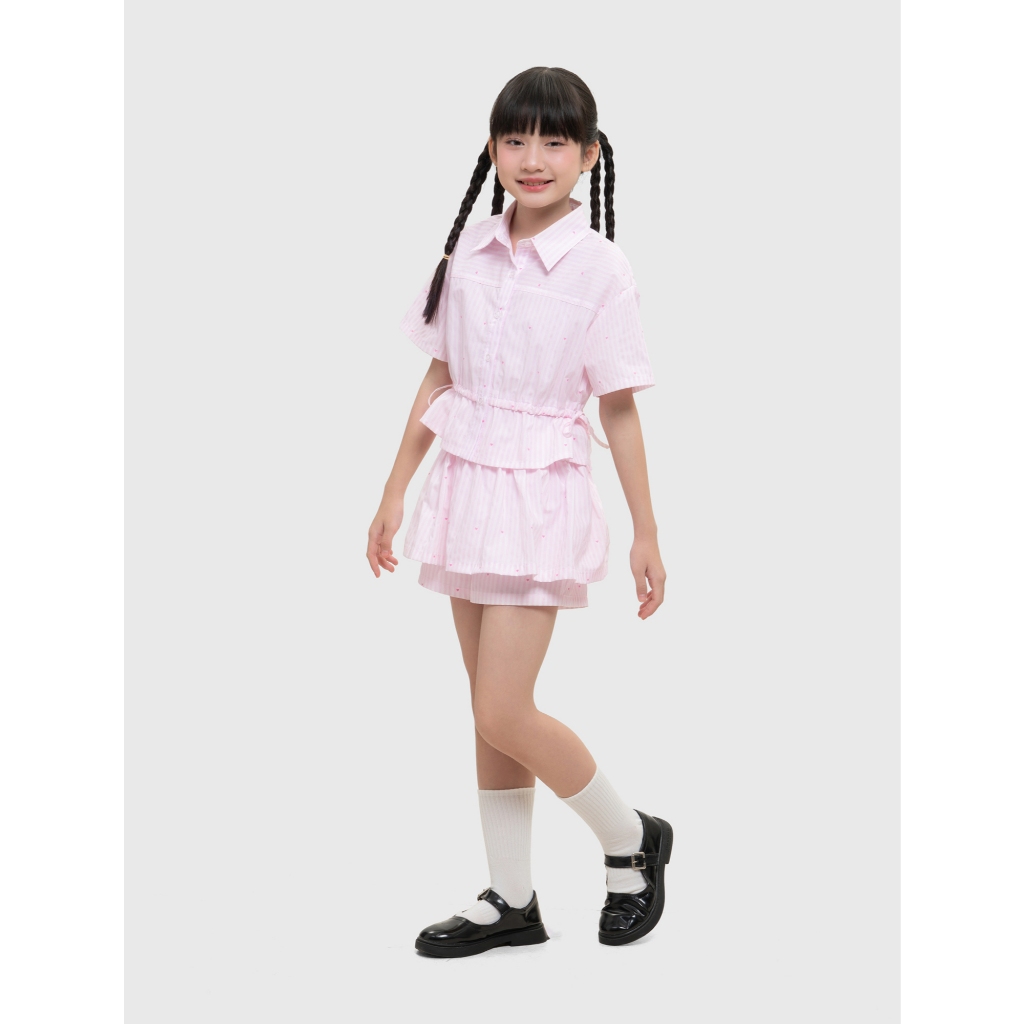 Áo sơ mi bé gái CANIFA dáng croptop cổ bẻ cộc tay rút eo 1TH26S002