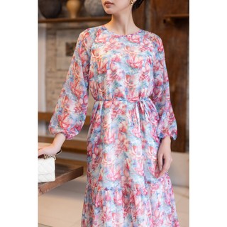 SWANLAKE | Váy Đầm Nữ Maxi Suông 2 Lớp Cổ Tròn Tay Dài Dây Thắt Eo Vải Tơ In Hoa Đi Biển Hè D13653