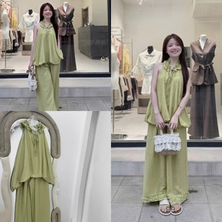 Set Bộ Đồ Nữ Đũi Xanh Lá Áo Yếm Bí Phồng Cổ Viền Bèo Dây Nơ Mix Quần Suông Dài Ống Rộng Phối Viền Bèo Gấu