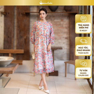SWANLAKE | Váy Đầm Nữ Maxi Suông 2 Lớp Cổ Tròn Tay Dài Dây Thắt Eo Vải Tơ In Hoa Đi Biển Hè D13653