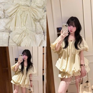 Set Bộ Đồ Nữ Gió Phồng Áo Cổ TRòn Dây Nơ Tay Bồng Gấu Bí Mix Chân Váy Bí Phồng 2 Lớp
