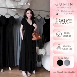 Đầm maxi cổ tim GUMIN thiết kế cổ vuông tay ngắn ôm eo dáng xoè dài sang chảnh, Váy kiểu nữ dự tiệc thanh lịch sang trọn