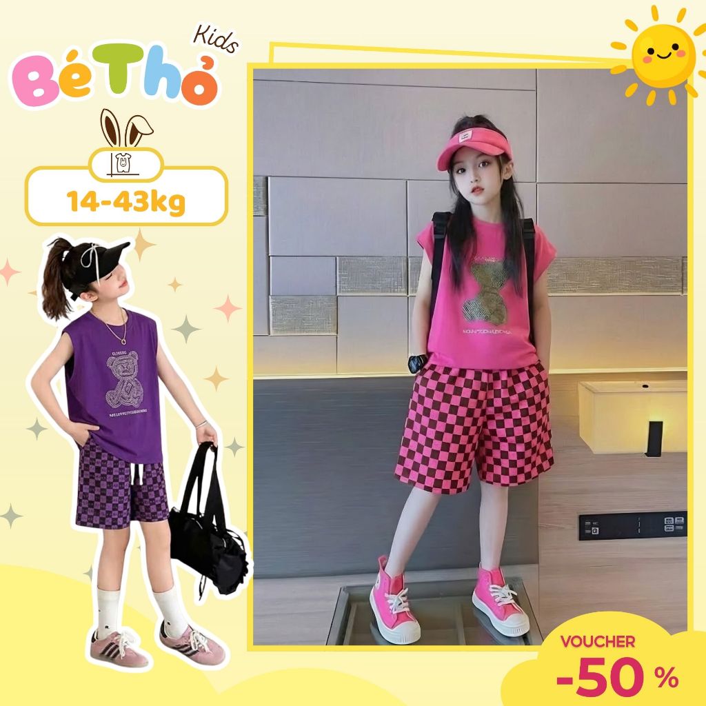 Bộ bé gái 3 lỗ họa tiết gấu chất cotton sz 14-43 kg mềm mát co giãn 4 chiều