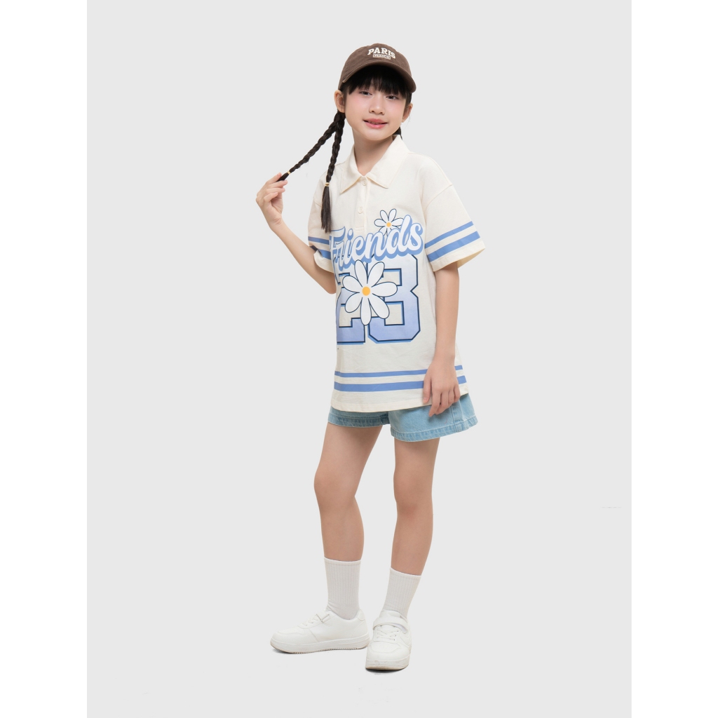 Áo polo bé gái CANIFA cổ bẻ cộc tay in họa tiết 100% cotton mềm mịn thoáng mát 1TP26C001