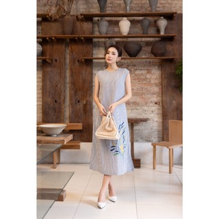 SWANLAKE | Váy Đầm Nữ Suông Sát Nách Vải Cotton Sọc Thêu Hoa Cổ Tròn Dạo Phố Du Lịch Hè D13550
