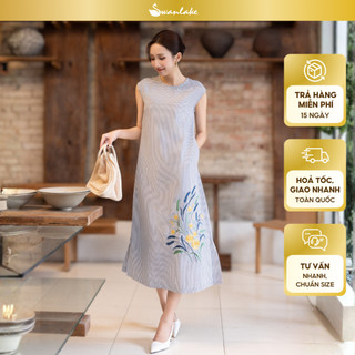 SWANLAKE | Váy Đầm Nữ Suông Sát Nách Vải Cotton Sọc Thêu Hoa Cổ Tròn Dạo Phố Du Lịch Hè D13550