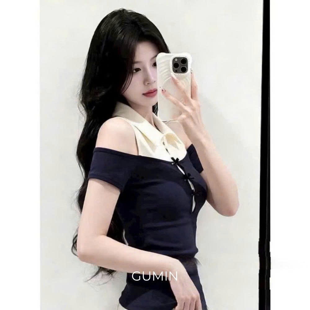 Áo polo hở vai w.e GUMIN thiết kế áo phối cổ sơ mi màu kem đính kèm nơ ngực tiểu thư, Áo kiểu nữ sang chảnh thanh lịch
