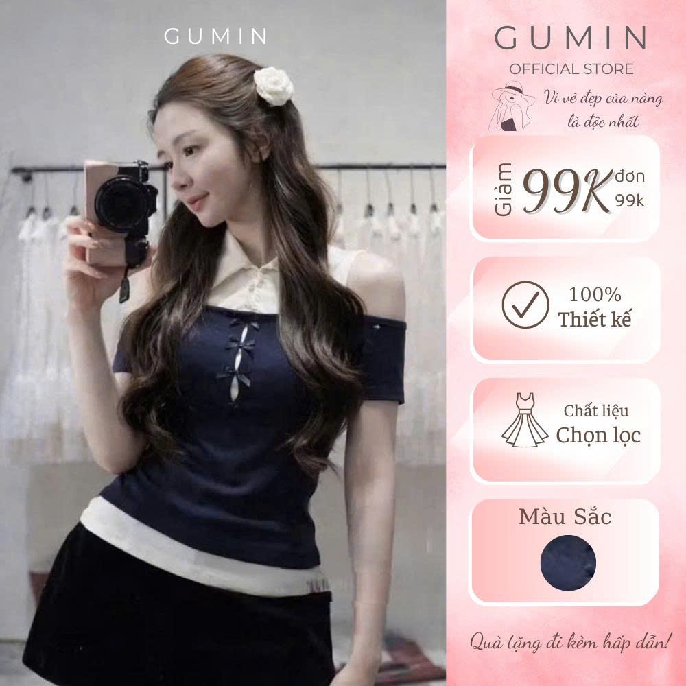 Áo polo hở vai w.e GUMIN thiết kế áo phối cổ sơ mi màu kem đính kèm nơ ngực tiểu thư, Áo kiểu nữ sang chảnh thanh lịch
