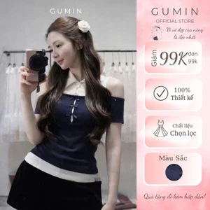 Áo polo hở vai w.e GUMIN thiết kế áo phối cổ sơ mi màu kem đính kèm nơ ngực tiểu thư, Áo kiểu nữ sang chảnh thanh lịch