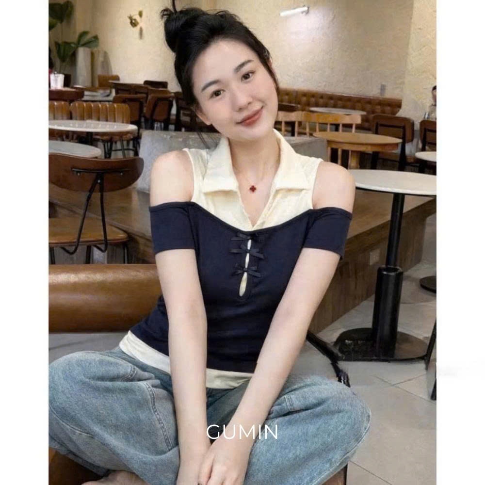 Áo polo hở vai w.e GUMIN thiết kế áo phối cổ sơ mi màu kem đính kèm nơ ngực tiểu thư, Áo kiểu nữ sang chảnh thanh lịch
