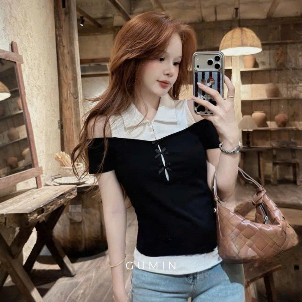 Áo polo hở vai w.e GUMIN thiết kế áo phối cổ sơ mi màu kem đính kèm nơ ngực tiểu thư, Áo kiểu nữ sang chảnh thanh lịch