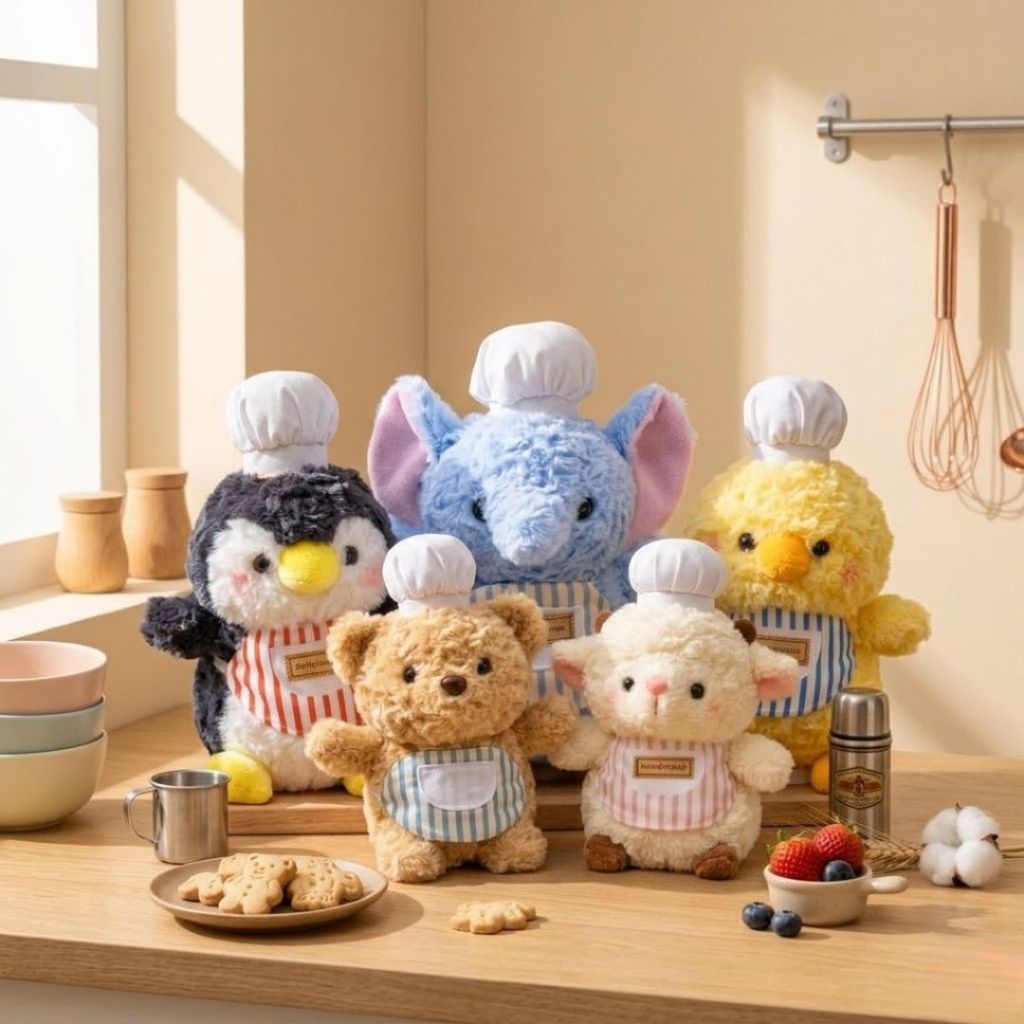 Gấu Bông Động Vật Đầu Bếp Mini Đáng Yêu, Thú Nhồi Bông Gà,Voi,Vịt,Cừu,Teddy Lông Xù Mềm Mại Quà Tặng Cho Bé