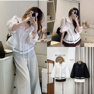 Áo sơ mi thô hàn cổ sen phối ren điệu tiểu thư nàng thơ 247Store AoSoMiH018