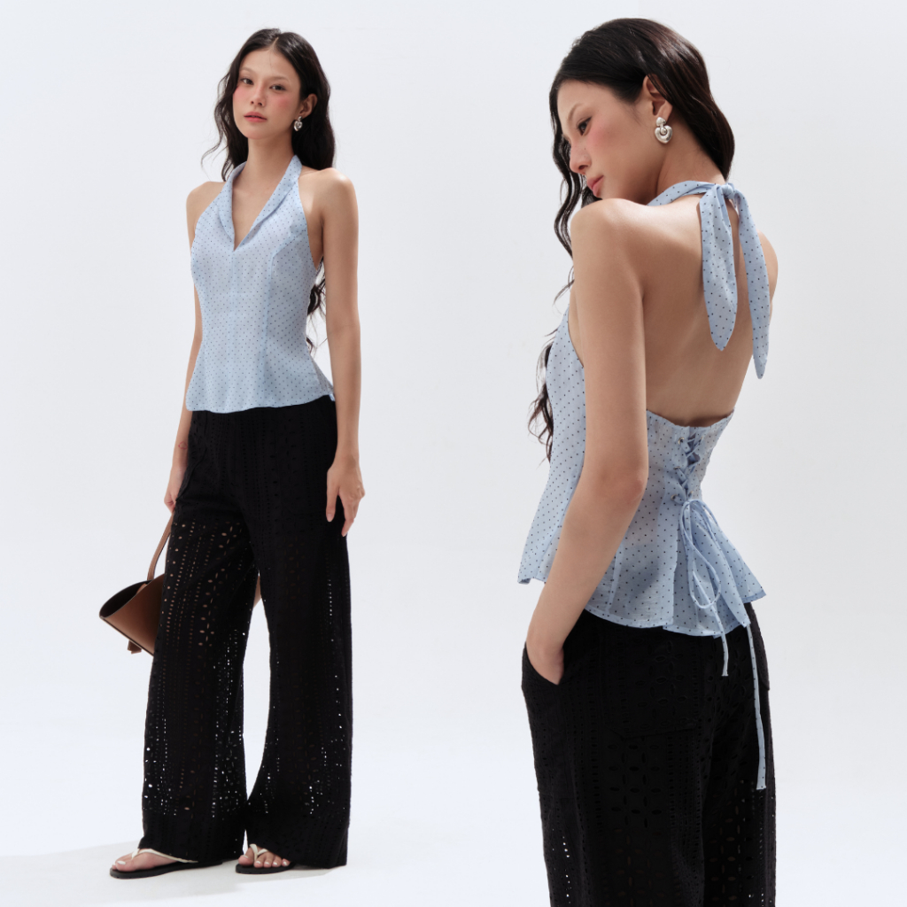 Áo cổ yếm dây nơ cổ hở lưng chiết eo tôn dáng THEKAT.SHOP chất vải mềm mại, ít nhăn, thoáng mát mùa hè
