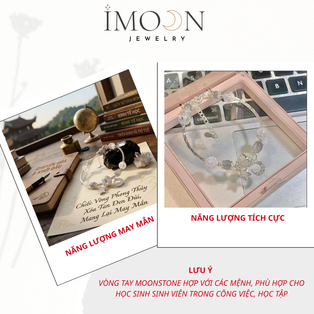 [ HỢP KIM BẠC ] Vòng tay đá năng lượng Moonstone lắc tay nữ thu hút năng lượng tự điều chỉnh size - IMOON052
