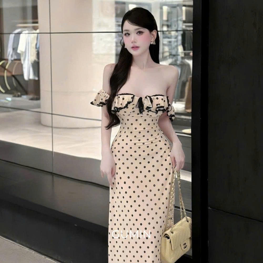 Đầm trễ vai chấm bi GUMIN thiết kế phối bèo dây nơ ngực dáng maxi dài ôm eo tiểu thư, váy trễ vai dự tiệc thanh lịch san