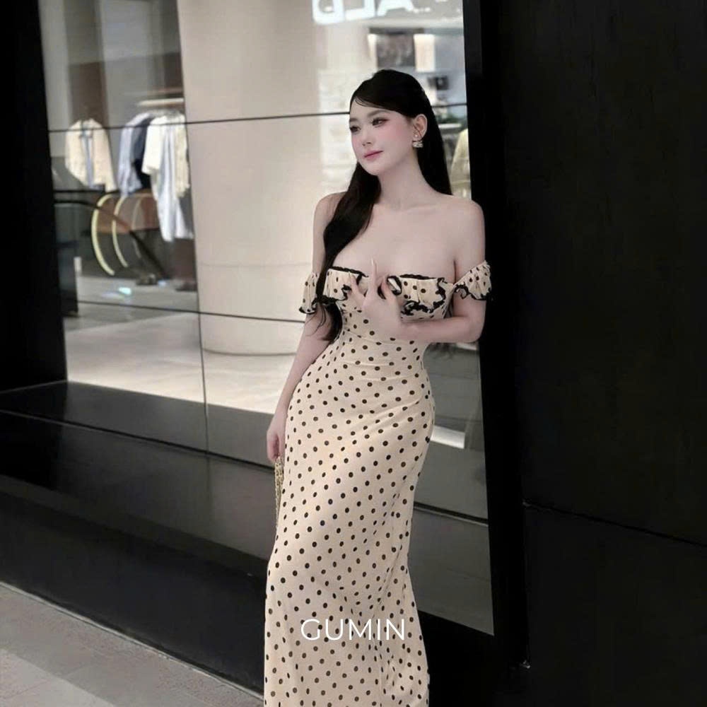 Đầm trễ vai chấm bi GUMIN thiết kế phối bèo dây nơ ngực dáng maxi dài ôm eo tiểu thư, váy trễ vai dự tiệc thanh lịch san