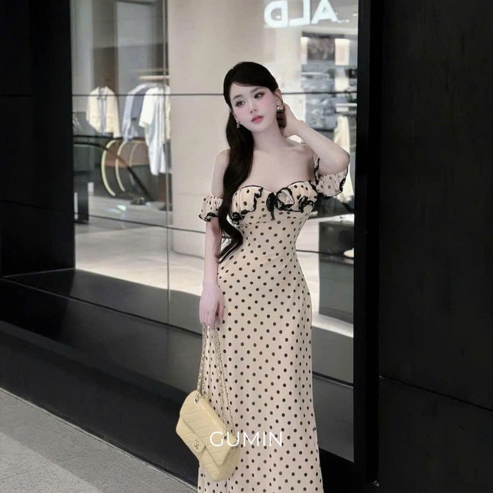 Đầm trễ vai chấm bi GUMIN thiết kế phối bèo dây nơ ngực dáng maxi dài ôm eo tiểu thư, váy trễ vai dự tiệc thanh lịch san