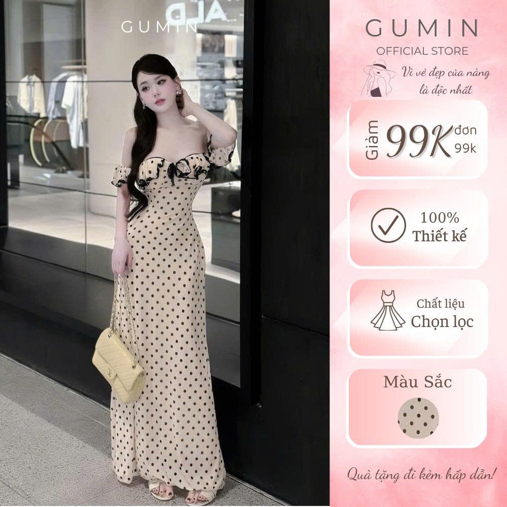 Đầm trễ vai chấm bi GUMIN thiết kế phối bèo dây nơ ngực dáng maxi dài ôm eo tiểu thư, váy trễ vai dự tiệc thanh lịch san