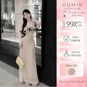 Đầm trễ vai chấm bi GUMIN thiết kế phối bèo dây nơ ngực dáng maxi dài ôm eo tiểu thư, váy trễ vai dự tiệc thanh lịch san