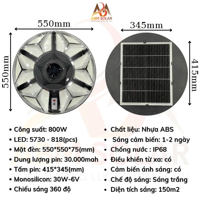 [100W] Đèn Năng Lượng Mặt Trời Sân Vườn, Đĩa Bay UFO Siêu Sáng, Chống nước IP 68, Cảm Biến Chuyển Động - ABM SOLAR