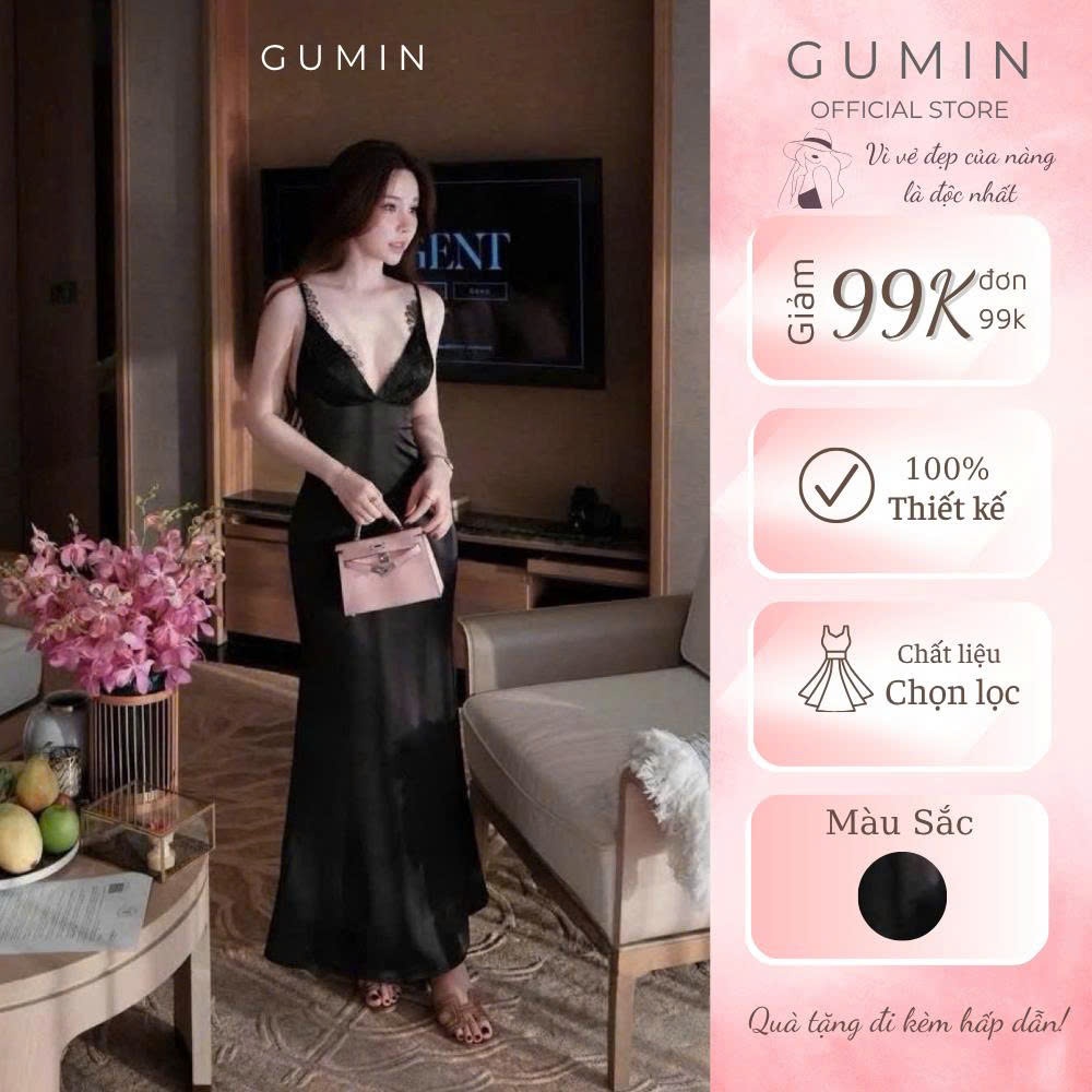 Đầm lụa hai dây GUMIN thiết kế màu đen phối ren dây viền ngực dáng maxi dài sang chảnh thanh lịch