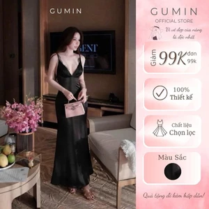 Đầm lụa hai dây GUMIN thiết kế màu đen phối ren dây viền ngực dáng maxi dài sang chảnh thanh lịch