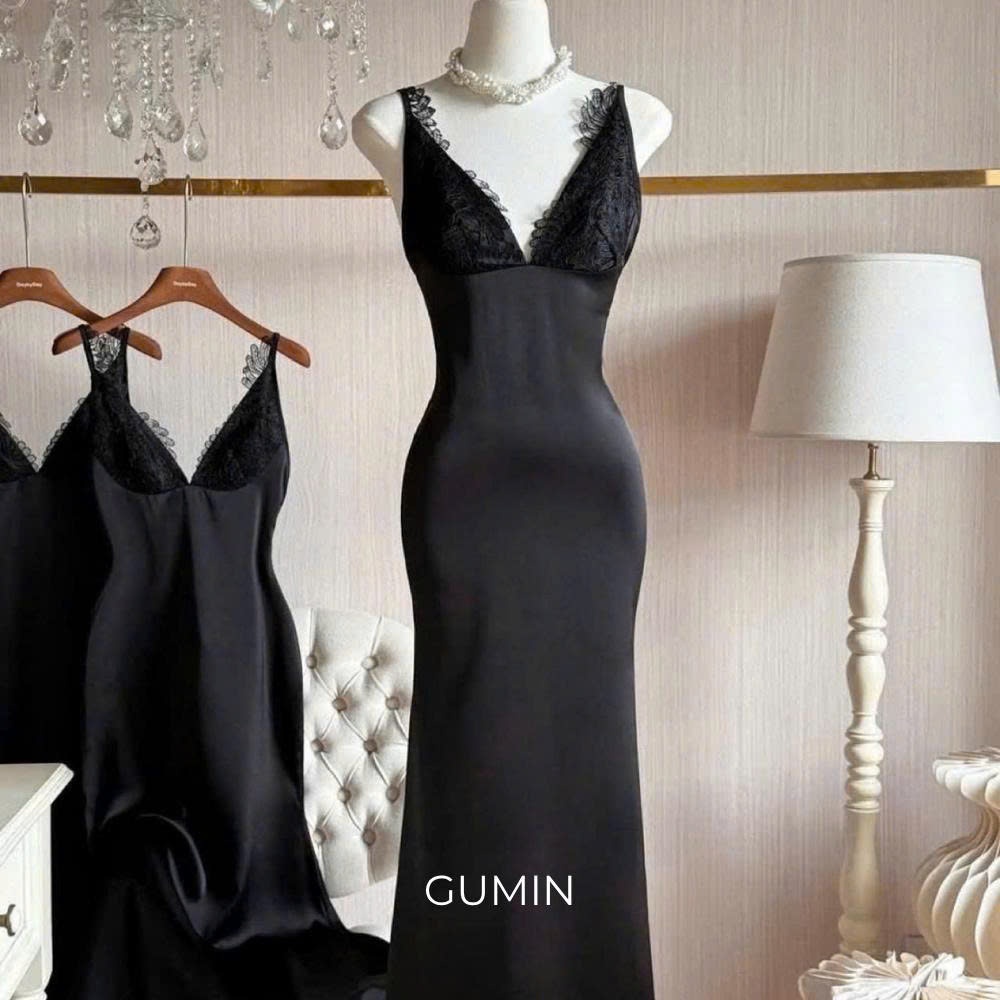 Đầm lụa hai dây GUMIN thiết kế màu đen phối ren dây viền ngực dáng maxi dài sang chảnh thanh lịch