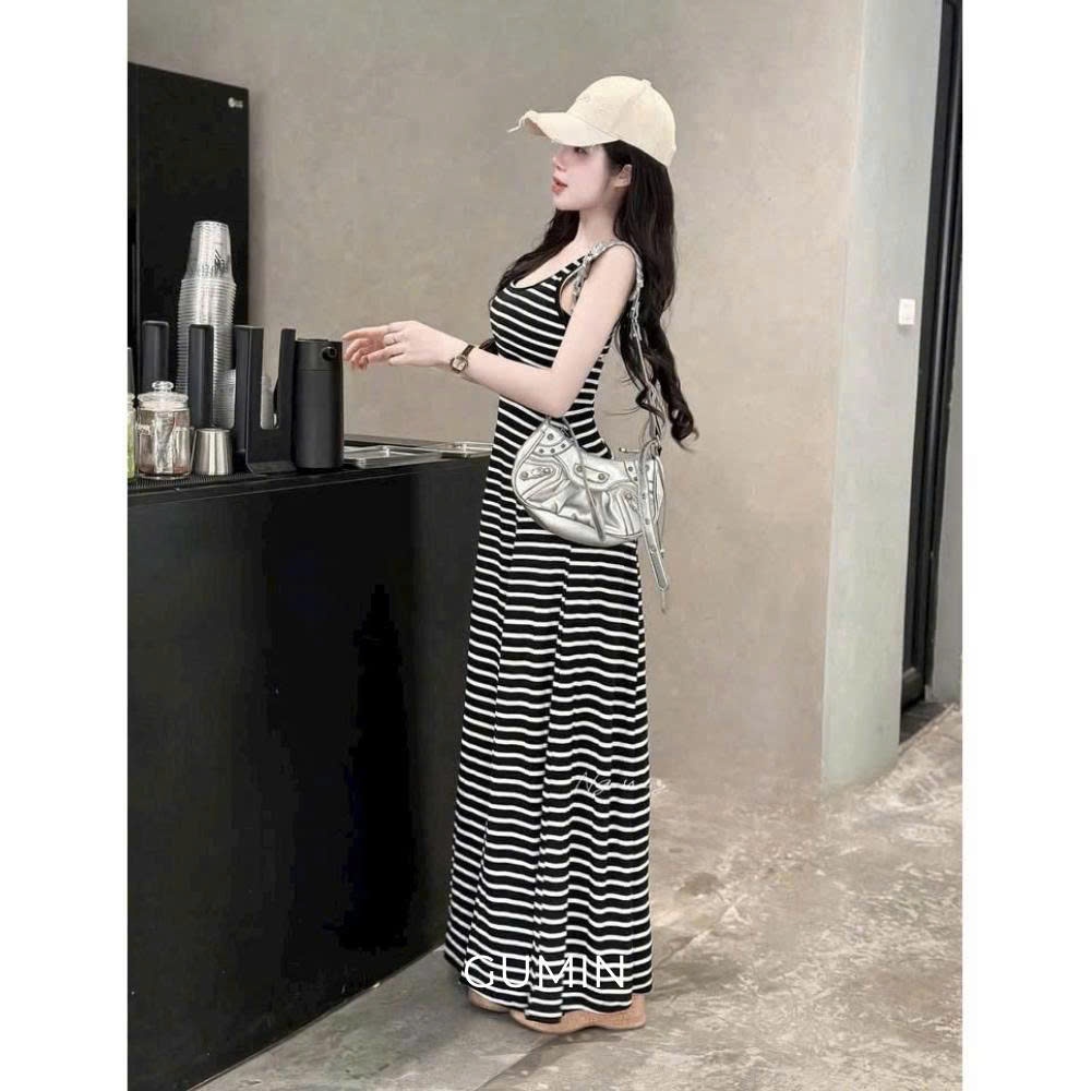 Váy body kẻ ngang GUMIN thiết kế dáng maxi xoè dài sang chảnh, Đầm body kiểu nữ dự thanh lịch sang trọng