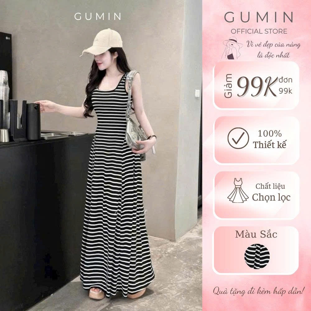 Váy body kẻ ngang GUMIN thiết kế dáng maxi xoè dài sang chảnh, Đầm body kiểu nữ dự thanh lịch sang trọng