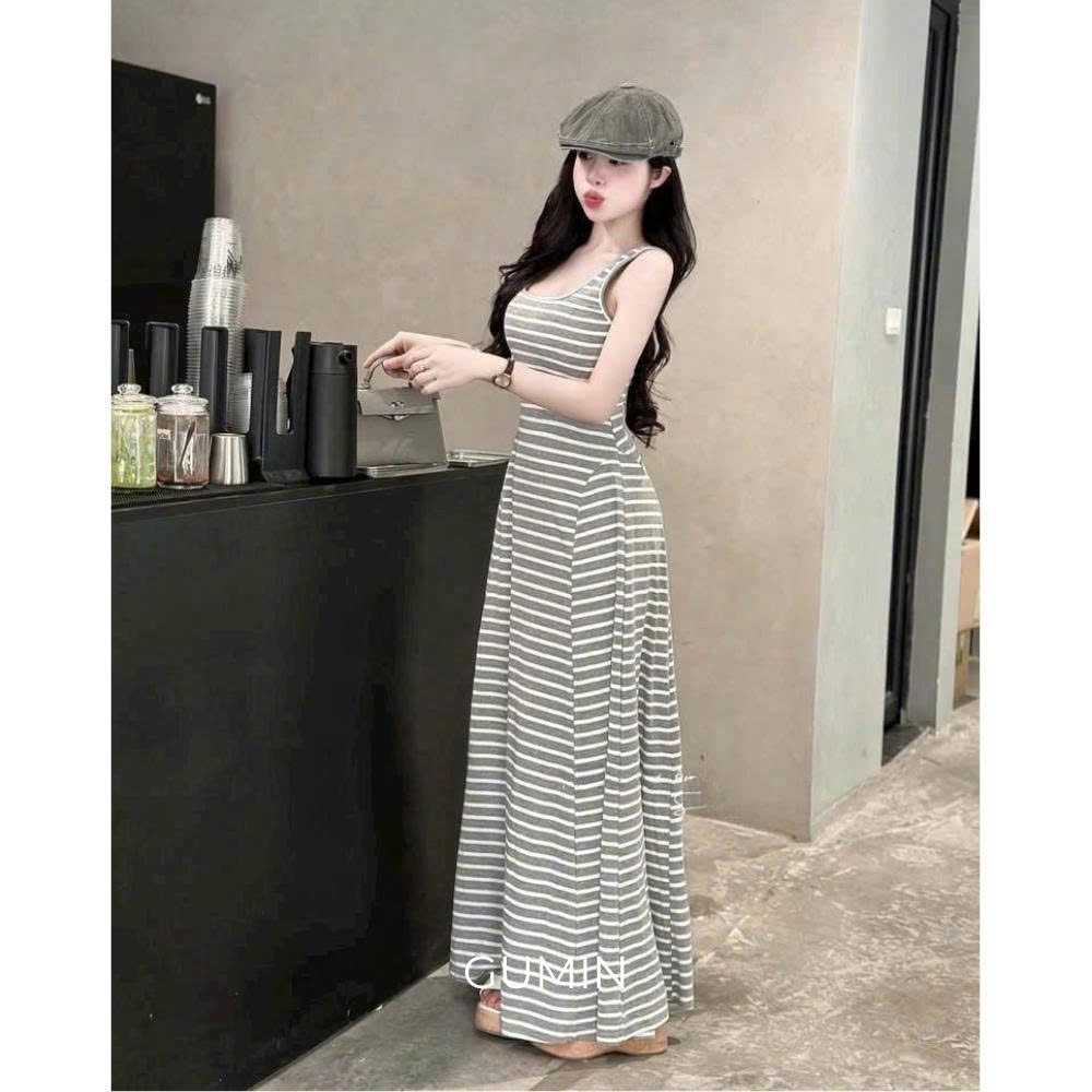 Váy body kẻ ngang GUMIN thiết kế dáng maxi xoè dài sang chảnh, Đầm body kiểu nữ dự thanh lịch sang trọng