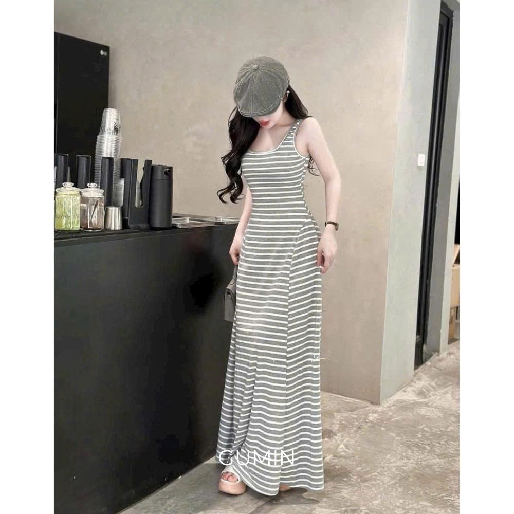 Váy body kẻ ngang GUMIN thiết kế dáng maxi xoè dài sang chảnh, Đầm body kiểu nữ dự thanh lịch sang trọng