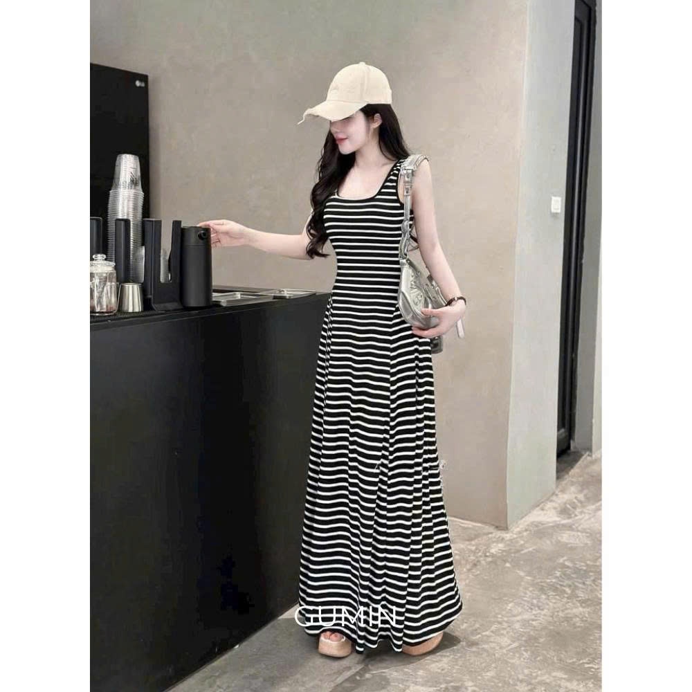 Váy body kẻ ngang GUMIN thiết kế dáng maxi xoè dài sang chảnh, Đầm body kiểu nữ dự thanh lịch sang trọng