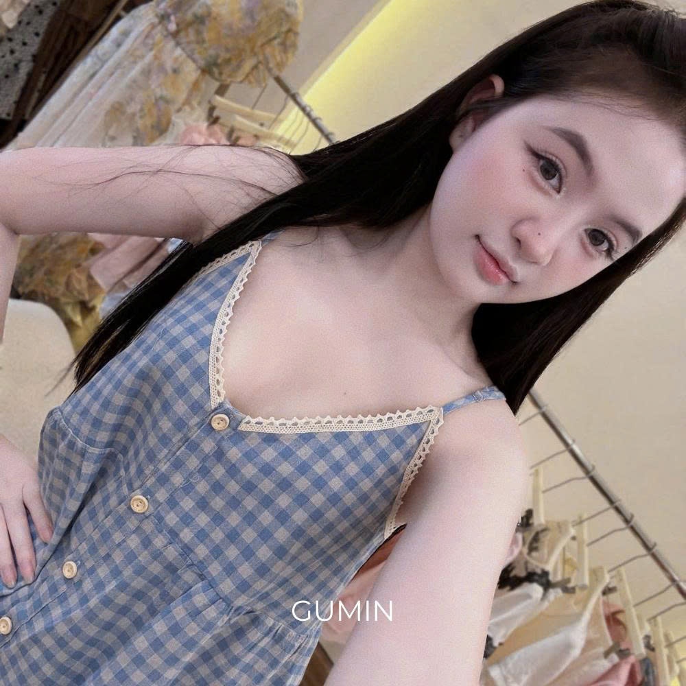 Set bộ hai dây kẻ caro GUMIN thiết kế áo 2 dây dáng babydoll phối cúc cài kèm quần suông ống rộng tiểu thư thanh lịch