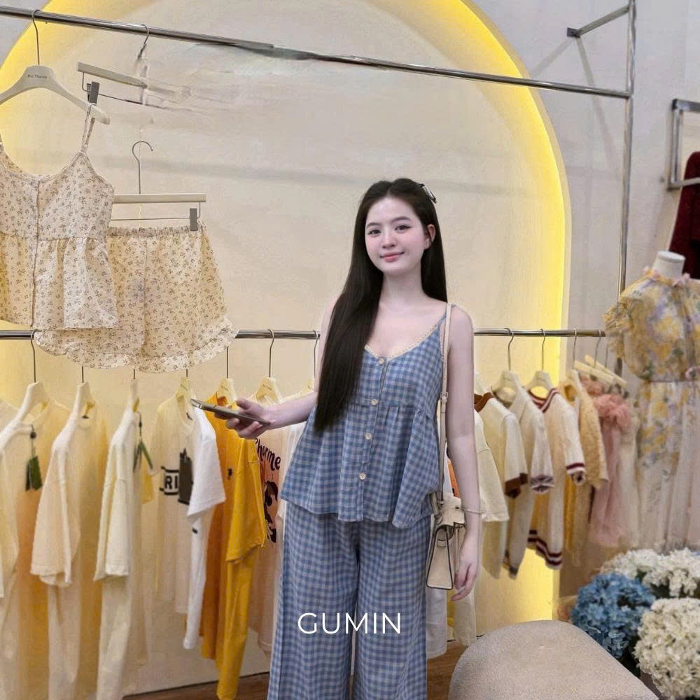 Set bộ hai dây kẻ caro GUMIN thiết kế áo 2 dây dáng babydoll phối cúc cài kèm quần suông ống rộng tiểu thư thanh lịch