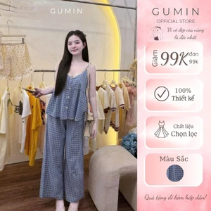 Set bộ hai dây kẻ caro GUMIN thiết kế áo 2 dây dáng babydoll phối cúc cài kèm quần suông ống rộng tiểu thư thanh lịch