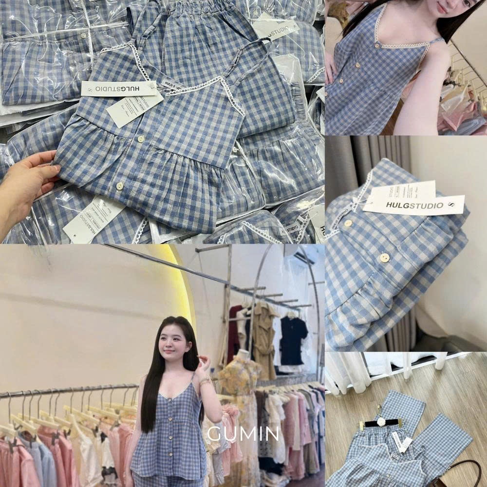 Set bộ hai dây kẻ caro GUMIN thiết kế áo 2 dây dáng babydoll phối cúc cài kèm quần suông ống rộng tiểu thư thanh lịch