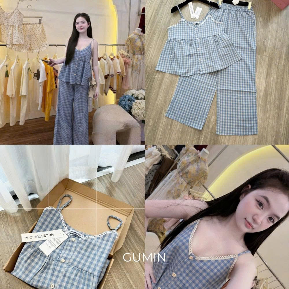 Set bộ hai dây kẻ caro GUMIN thiết kế áo 2 dây dáng babydoll phối cúc cài kèm quần suông ống rộng tiểu thư thanh lịch
