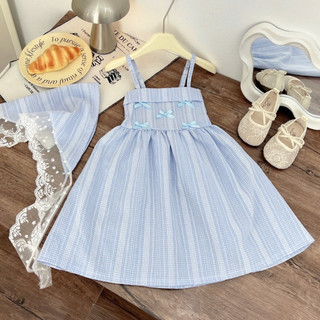 Xả lẻ size Váy maxi 2 dây kẻ xanh đính nơ ngực phong cách Hàn Quốc tặng khăn ren cho bé gái 9-28kg