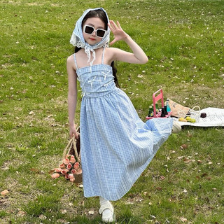 Xả lẻ size Váy maxi 2 dây kẻ xanh đính nơ ngực phong cách Hàn Quốc tặng khăn ren cho bé gái 9-28kg
