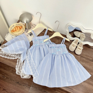Xả lẻ size Váy maxi 2 dây kẻ xanh đính nơ ngực phong cách Hàn Quốc tặng khăn ren cho bé gái 9-28kg