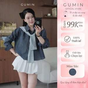 Áo sơ mi kẻ sọc GUMIN thiết kế áo dáng ngắn phối khăn vai kiểu dáng basic thanh lịch, Áo sơ mi nữ công sở sang trọng