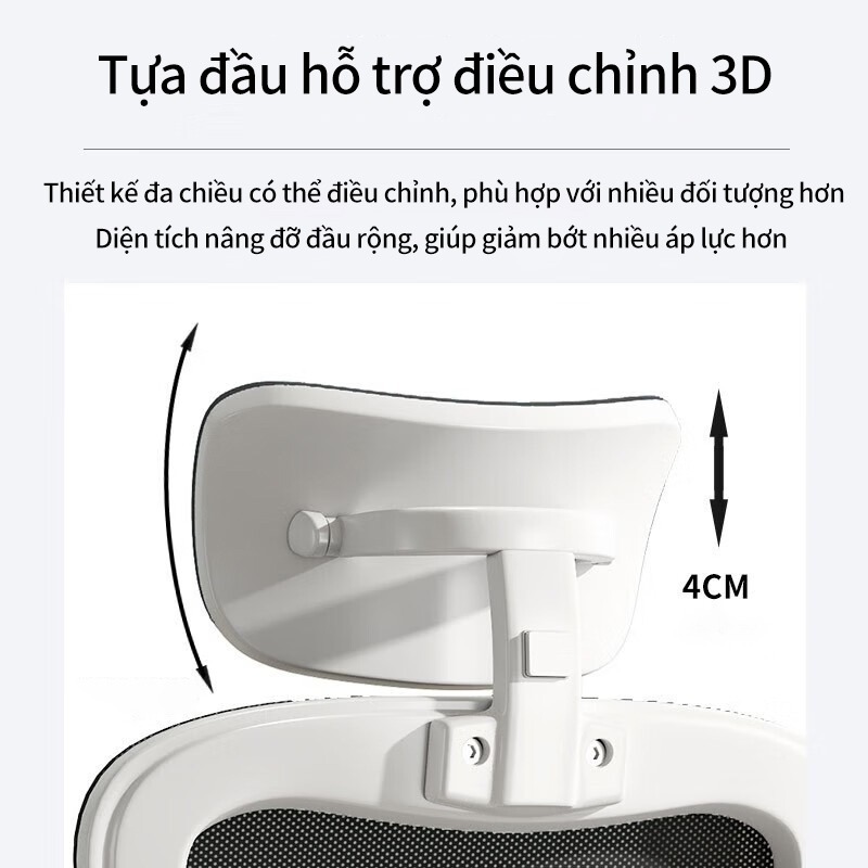 Lưng lưới 3D thoáng khí, tựa đầu, nâng đỡ hoàn hảo, tay vịn gập linh hoạt, xoay di chuyển nhẹ nhàng.