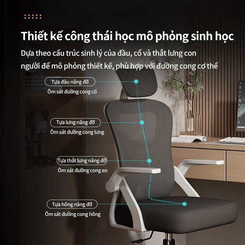 Lưng lưới 3D thoáng khí, tựa đầu, nâng đỡ hoàn hảo, tay vịn gập linh hoạt, xoay di chuyển nhẹ nhàng.