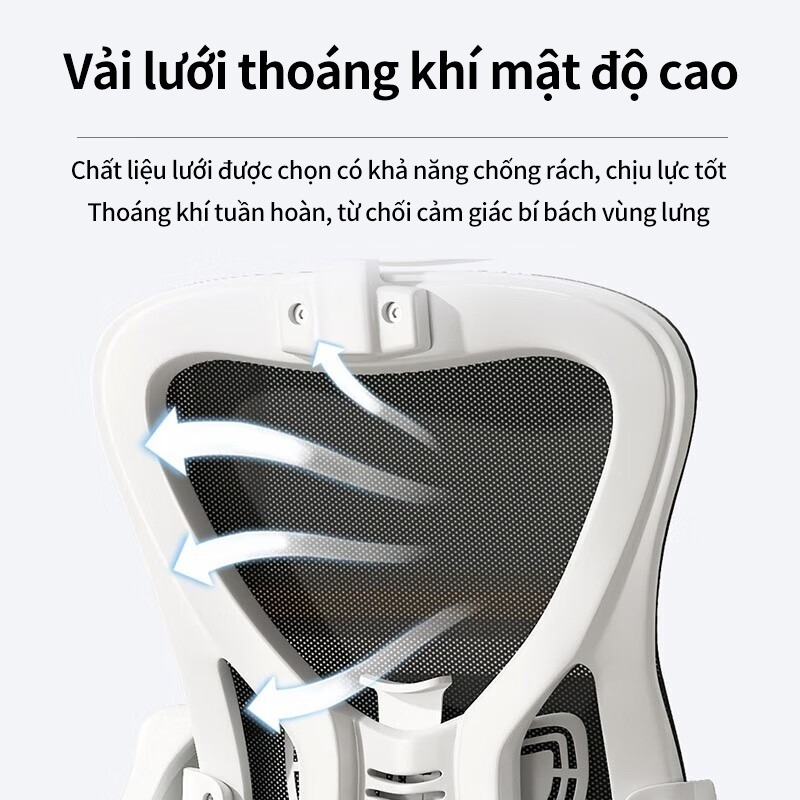 Lưng lưới 3D thoáng khí, tựa đầu, nâng đỡ hoàn hảo, tay vịn gập linh hoạt, xoay di chuyển nhẹ nhàng.